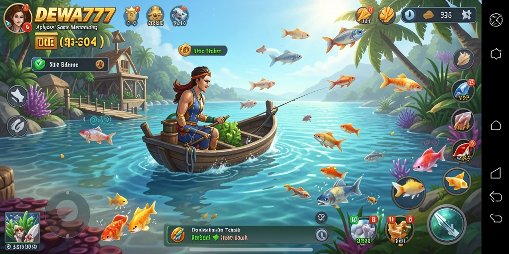 Gameplay DEWA777 menampilkan momen seru menangkap ikan di perairan yang indah.